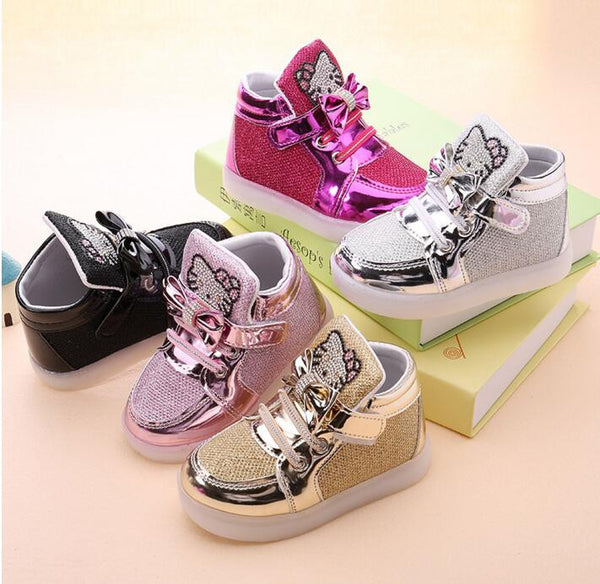Hot New Baby Girls LED Light Shoes Toddler Anti-Slip Sports Boots Kids Sneakers Children's Cartoon Kitty Flats shoes 5 colors
