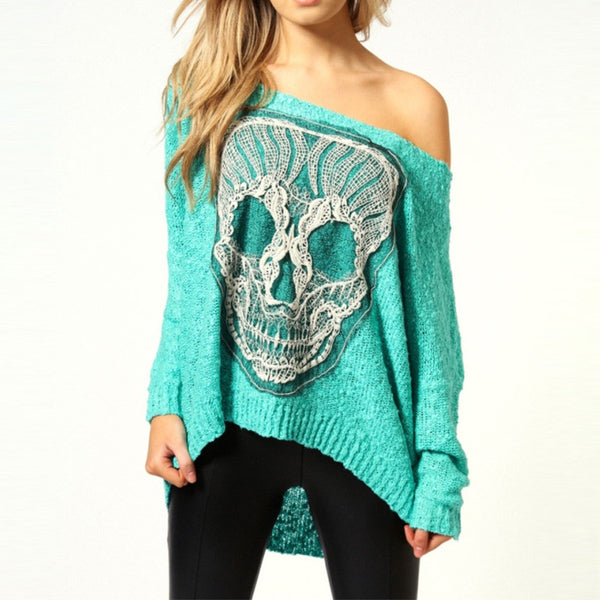 Skull Print Women Fashion Warm Charming Girls Long Sleeve Knit Off Shoulder Backeless Irregular Sexy Casual Top Outwear Sweater