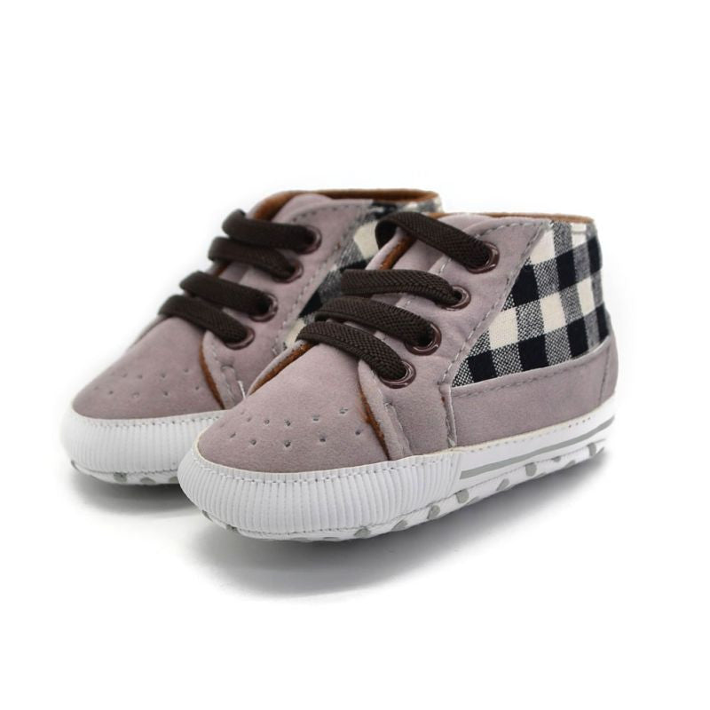 Toddler First Walker Infant Baby Boy Shoes Laces Casual Sneaker PU Plaid Soft Sole Crib Shoes