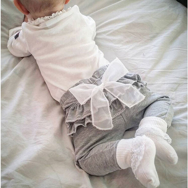 2016 spring and autumn new Kids baby clothing White Chiffon big bow gray baby Trousers pants 0-2 years old Baby girl Leggings