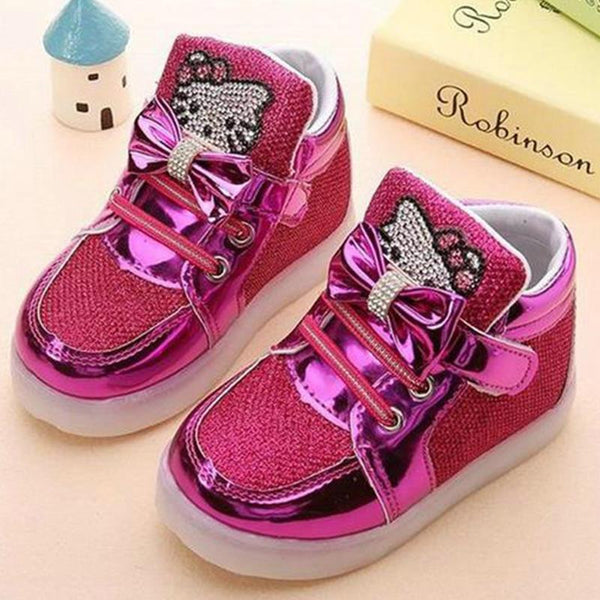 Children Shoes 2016 New Spring Hello Kitty Rhinestone Led Shoes Girls Princess Cute Shoes With Light EU 21-30
