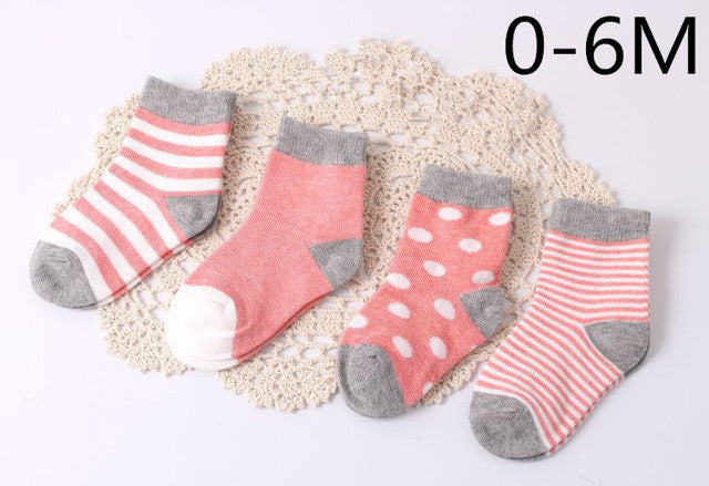 Baby Cotton Socks Toddlers Boys Girls Spring Autumn Socks Stripes & Dots Design Kids Socks 4 pairs/ lot Drop Shipping Wholesale
