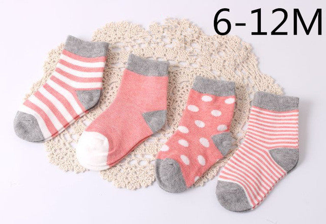 Baby Cotton Socks Toddlers Boys Girls Spring Autumn Socks Stripes & Dots Design Kids Socks 4 pairs/ lot Drop Shipping Wholesale