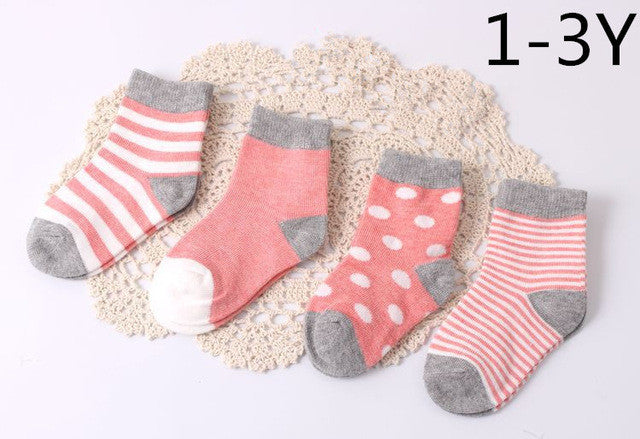 Baby Cotton Socks Toddlers Boys Girls Spring Autumn Socks Stripes & Dots Design Kids Socks 4 pairs/ lot Drop Shipping Wholesale
