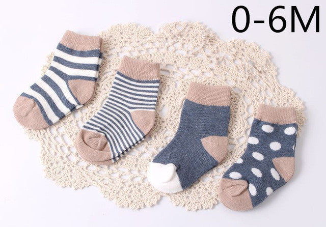 Baby Cotton Socks Toddlers Boys Girls Spring Autumn Socks Stripes & Dots Design Kids Socks 4 pairs/ lot Drop Shipping Wholesale