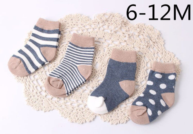 Baby Cotton Socks Toddlers Boys Girls Spring Autumn Socks Stripes & Dots Design Kids Socks 4 pairs/ lot Drop Shipping Wholesale