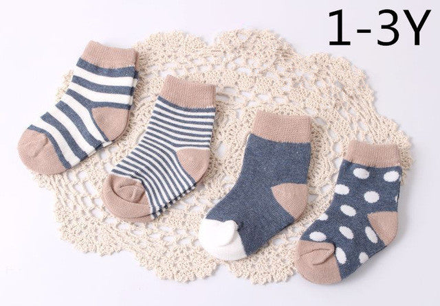 Baby Cotton Socks Toddlers Boys Girls Spring Autumn Socks Stripes & Dots Design Kids Socks 4 pairs/ lot Drop Shipping Wholesale