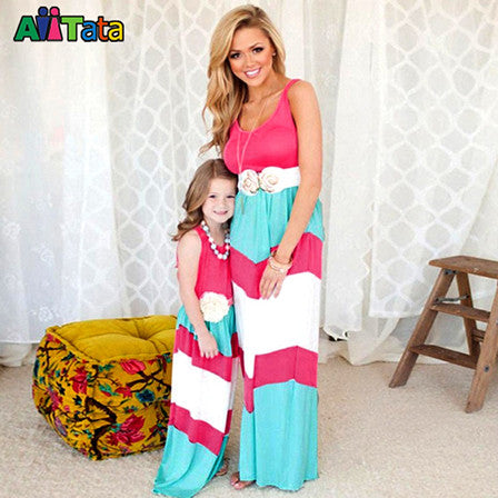 Summer Style Family Matching Outfits mother daughter dresses Contrast Color blue A-Line Dress Ankle-Length mother & kids clothes