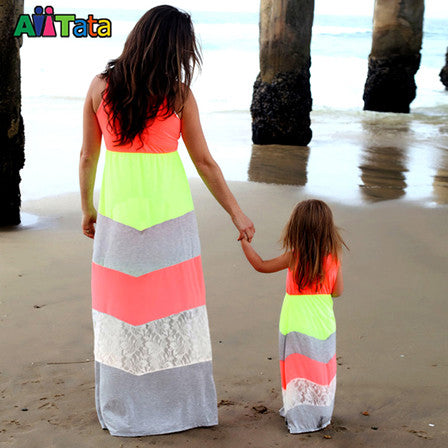 Summer Style Family Matching Outfits mother daughter dresses Contrast Color blue A-Line Dress Ankle-Length mother & kids clothes