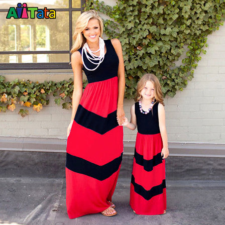 Summer Style Family Matching Outfits mother daughter dresses Contrast Color blue A-Line Dress Ankle-Length mother & kids clothes
