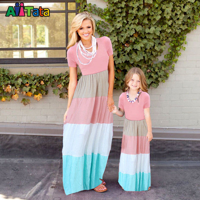 Summer Style Family Matching Outfits mother daughter dresses Contrast Color blue A-Line Dress Ankle-Length mother & kids clothes