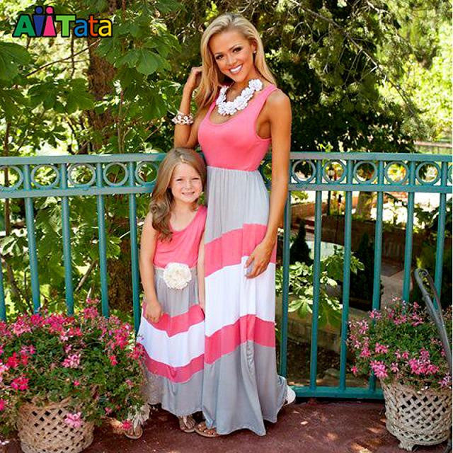 Summer Style Family Matching Outfits mother daughter dresses Contrast Color blue A-Line Dress Ankle-Length mother & kids clothes