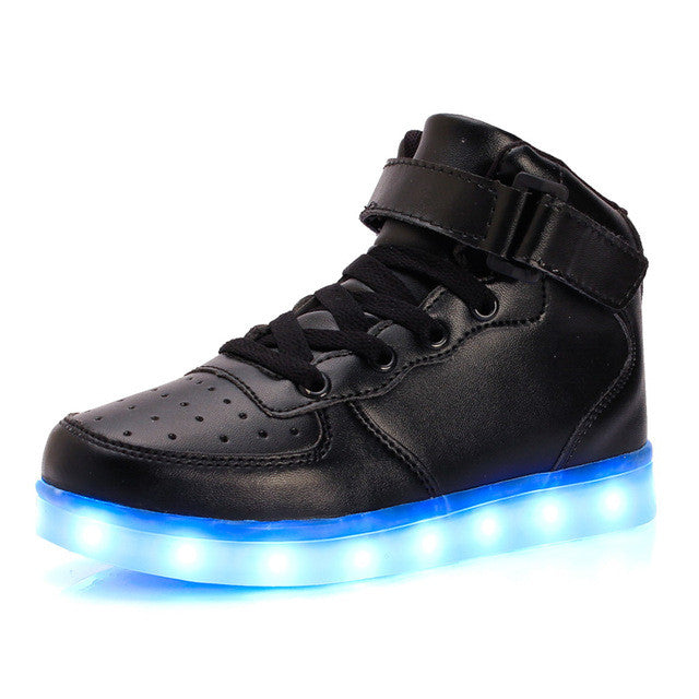 Led luminous sneakers girls boys casual children shoes high glowing with recharge lights up simulation sole for kids neon basket