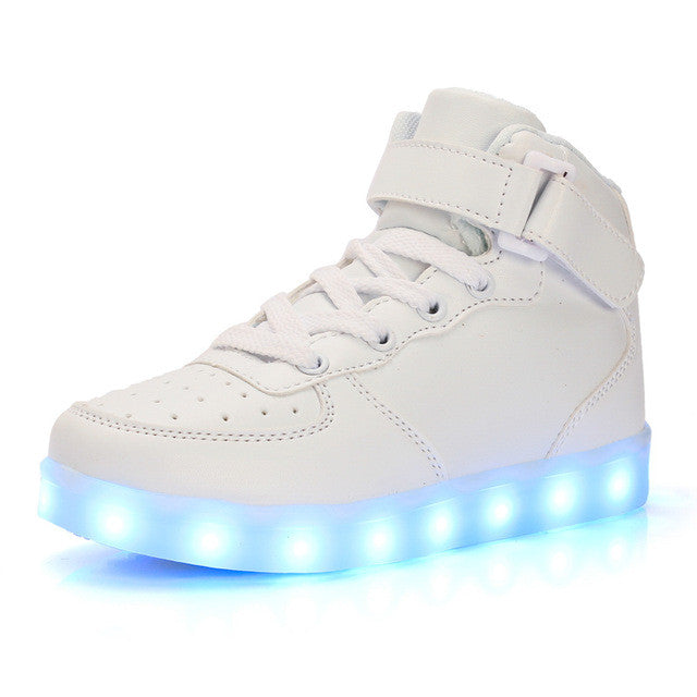 Led luminous sneakers girls boys casual children shoes high glowing with recharge lights up simulation sole for kids neon basket