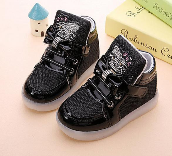 Children Shoes 2016 New Spring Hello Kitty Rhinestone Led Shoes Girls Princess Cute Shoes With Light EU 21-30