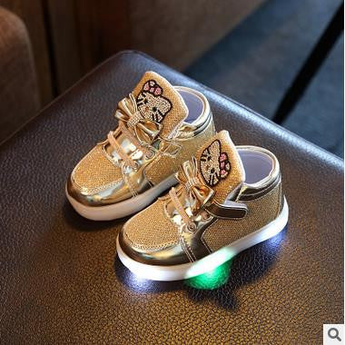 Children Shoes 2016 New Spring Hello Kitty Rhinestone Led Shoes Girls Princess Cute Shoes With Light EU 21-30