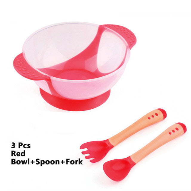 3Pcs/set Baby Learning Dishes With Suction Cup Assist Bowl Temperature Sensing Spoon Fork Tableware Kids Safety Dinnerware Set