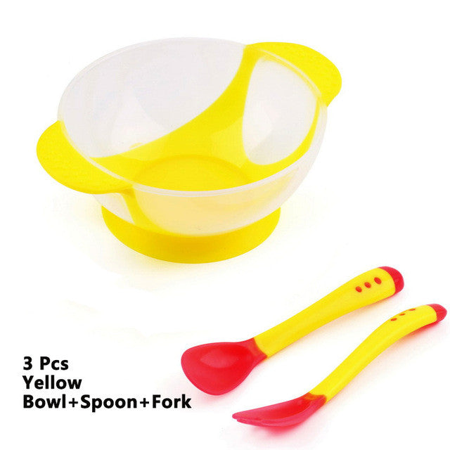 3Pcs/set Baby Learning Dishes With Suction Cup Assist Bowl Temperature Sensing Spoon Fork Tableware Kids Safety Dinnerware Set