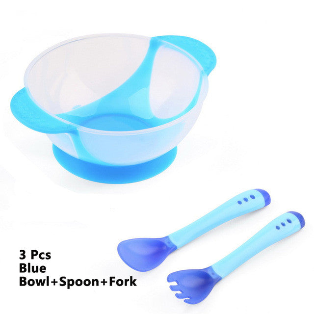 3Pcs/set Baby Learning Dishes With Suction Cup Assist Bowl Temperature Sensing Spoon Fork Tableware Kids Safety Dinnerware Set