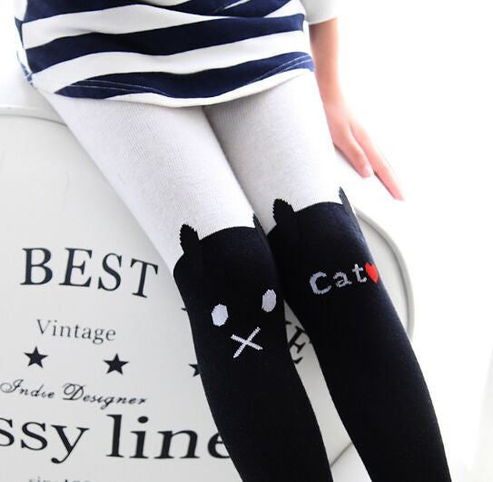 Spring Girls Tights Kids Cartoon Tights For Girls Baby Cat Elastic Waist Knitted Stitching Pantyhose Stocking