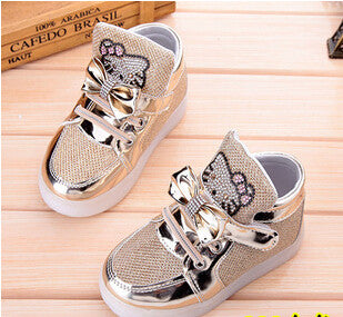 Children Shoes 2016 New Spring Hello Kitty Rhinestone Led Shoes Girls Princess Cute Shoes With Light EU 21-30