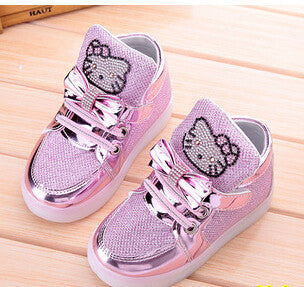 Children Shoes 2016 New Spring Hello Kitty Rhinestone Led Shoes Girls Princess Cute Shoes With Light EU 21-30