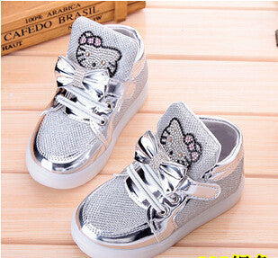 Children Shoes 2016 New Spring Hello Kitty Rhinestone Led Shoes Girls Princess Cute Shoes With Light EU 21-30
