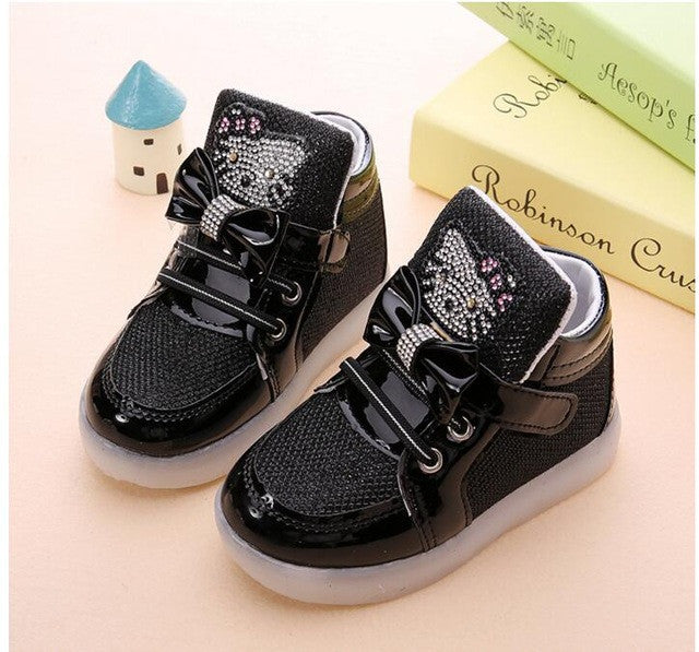 Children Shoes 2016 New Spring Hello Kitty Rhinestone Led Shoes Girls Princess Cute Shoes With Light EU 21-30