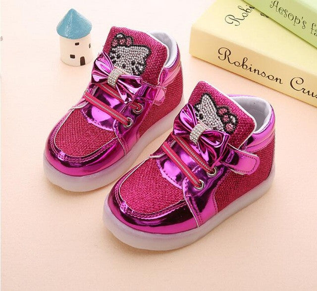 Children Shoes 2016 New Spring Hello Kitty Rhinestone Led Shoes Girls Princess Cute Shoes With Light EU 21-30