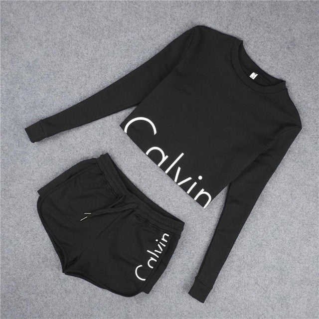 Calvin tracksuit Two piece set Women 2 pcs Sweatshirt Set Long Sleeve Short Pants crop top and shorts Set chandal mujer completo