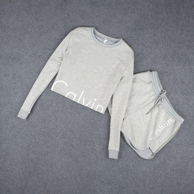 Calvin tracksuit Two piece set Women 2 pcs Sweatshirt Set Long Sleeve Short Pants crop top and shorts Set chandal mujer completo