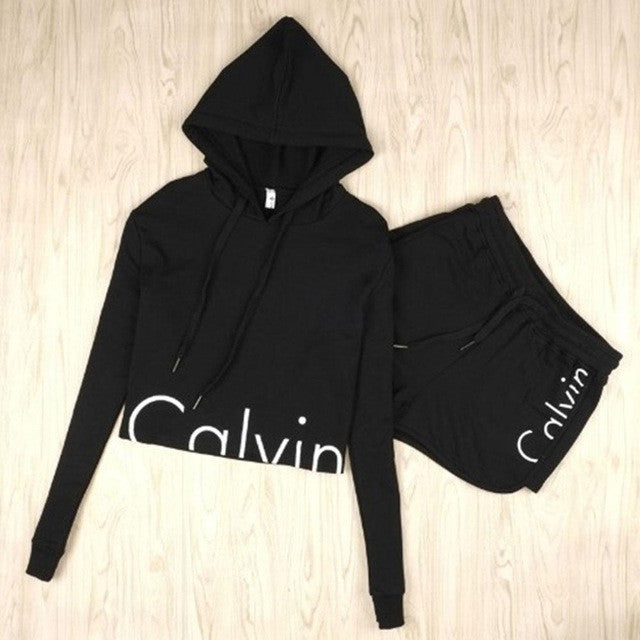 Calvin tracksuit Two piece set Women 2 pcs Sweatshirt Set Long Sleeve Short Pants crop top and shorts Set chandal mujer completo