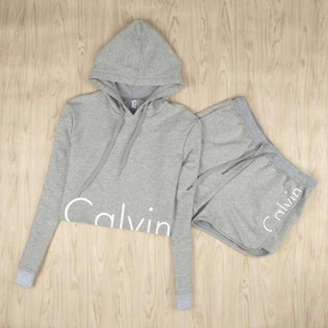 Calvin tracksuit Two piece set Women 2 pcs Sweatshirt Set Long Sleeve Short Pants crop top and shorts Set chandal mujer completo