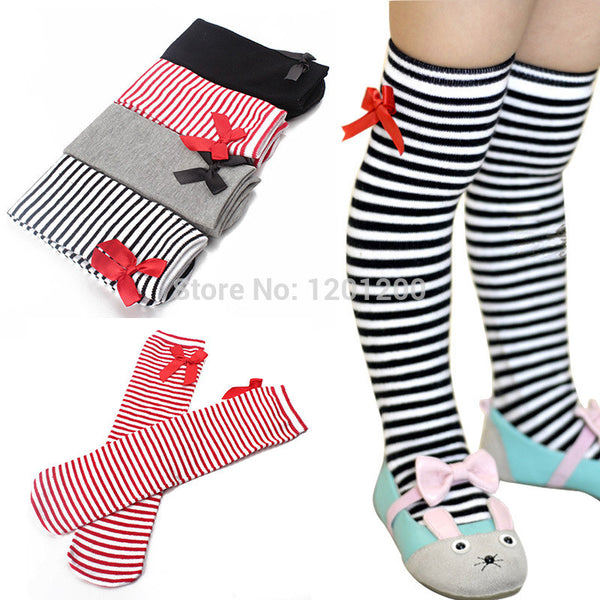 Hot Sale Striped High Knee Warm Baby Sockings With Bowknot Cotton Leg Warmers For 1-8 years Kids