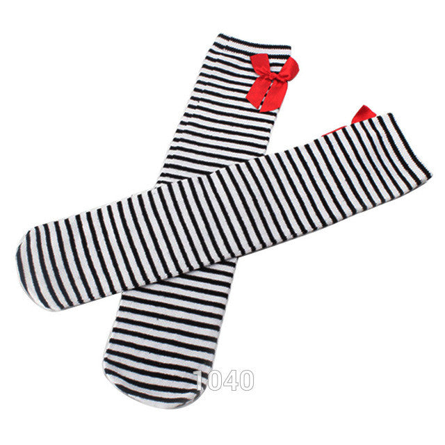 Hot Sale Striped High Knee Warm Baby Sockings With Bowknot Cotton Leg Warmers For 1-8 years Kids