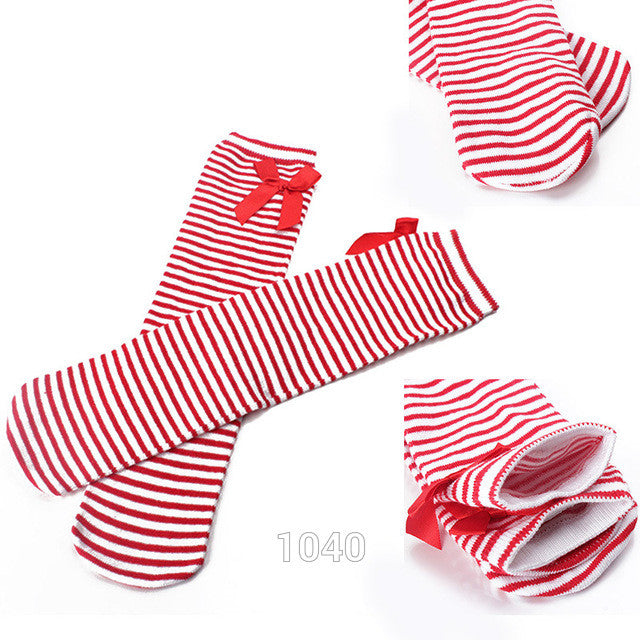 Hot Sale Striped High Knee Warm Baby Sockings With Bowknot Cotton Leg Warmers For 1-8 years Kids